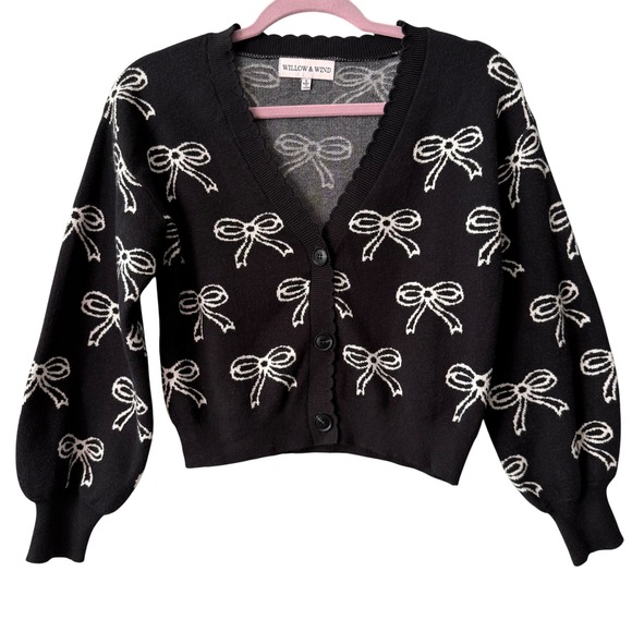 Willow & Wind Sweaters - Willow‎ & Wind Bow Knit Cardigan Ribbon Black Sweater Cute Girly Preppy Small